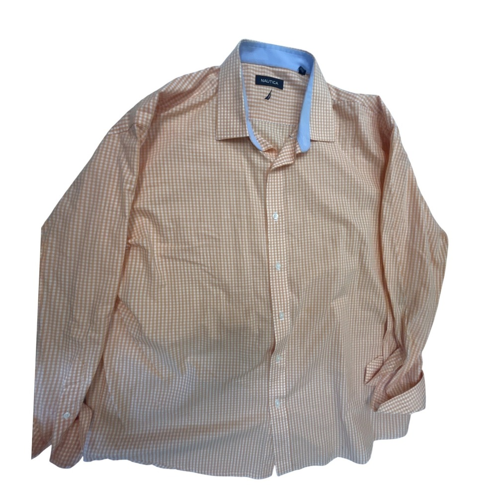 Nautica Mens Orange Gingham Check Long Sleeve Button Down Shirt 17.5 34/35